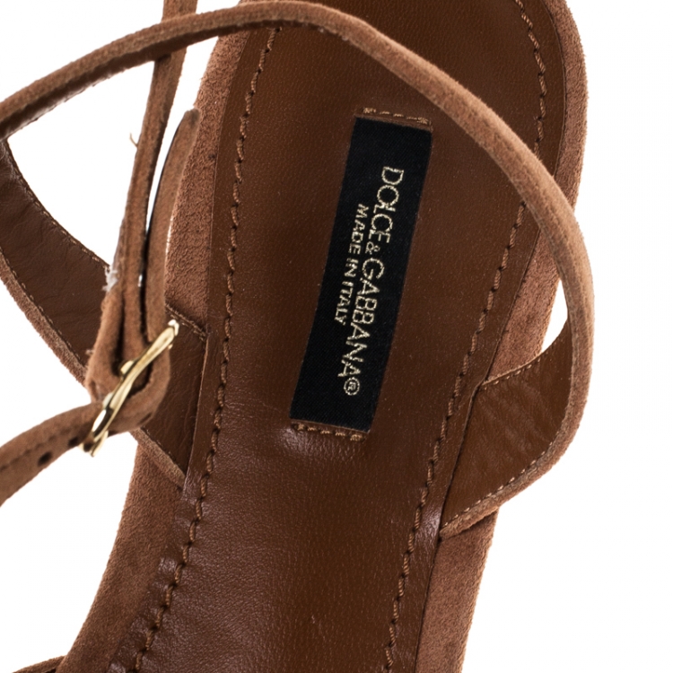 Pre Owned Dolce and Gabbana Brown Suede Crystal Embellished Ankle Strap Flats Size 40