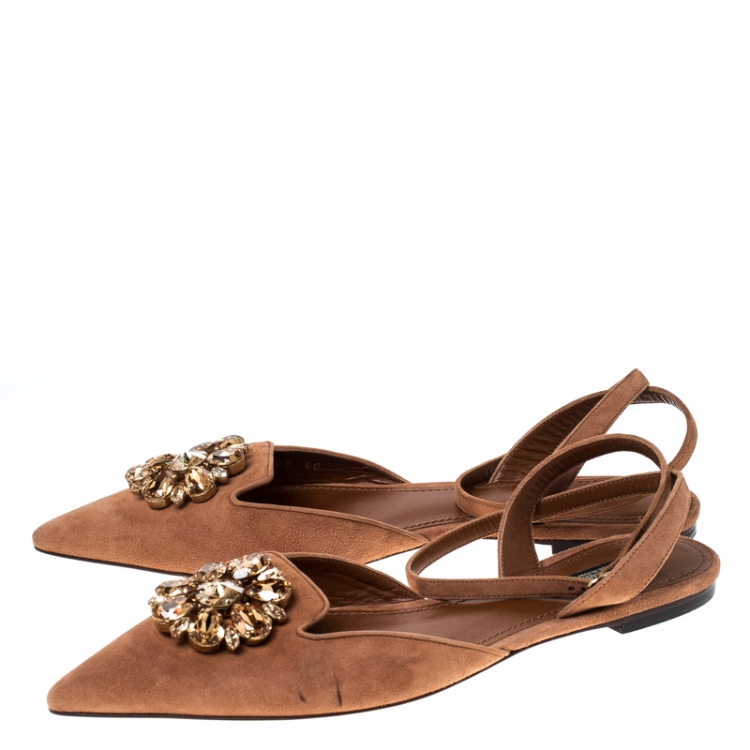 Pre Owned Dolce and Gabbana Brown Suede Crystal Embellished Ankle Strap Flats Size 40