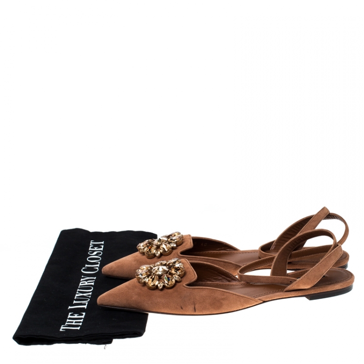 Pre Owned Dolce and Gabbana Brown Suede Crystal Embellished Ankle Strap Flats Size 40