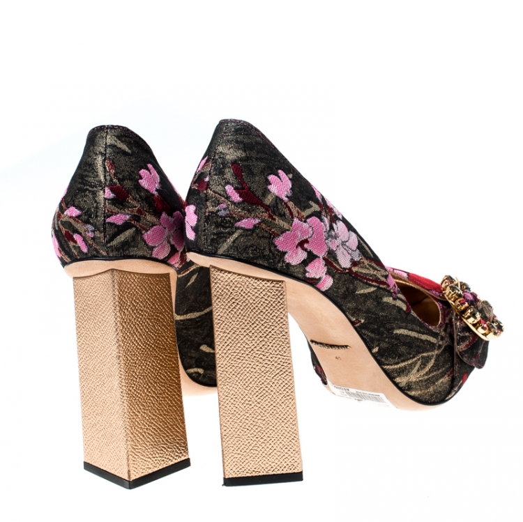 Pre Owned Dolce and Gabbana Multicolor Floral Glitter Fabric Brooch Pumps Size 41