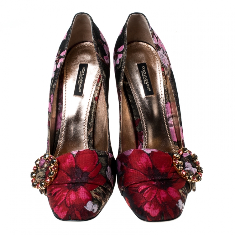 Pre Owned Dolce and Gabbana Multicolor Floral Glitter Fabric Brooch Pumps Size 41