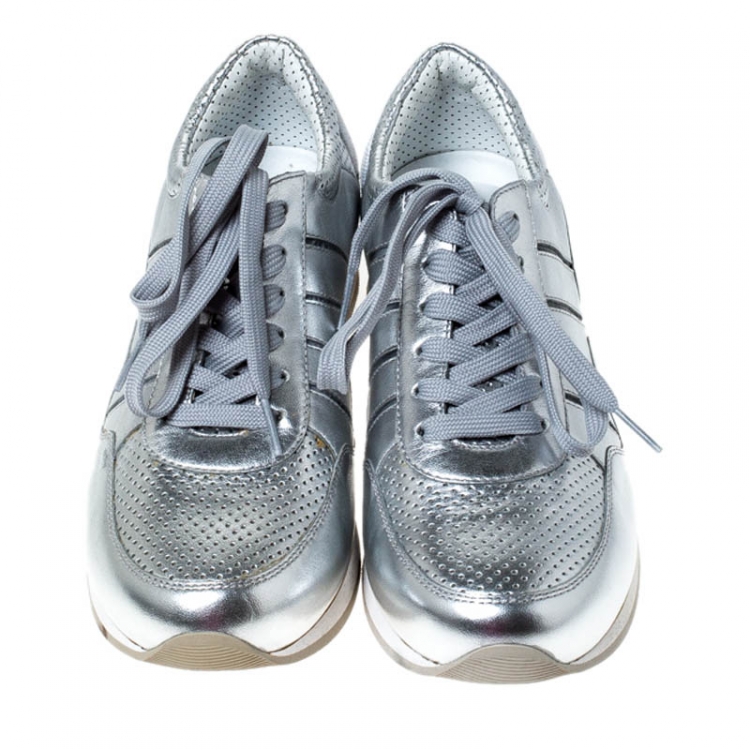 Pre Owned Dolce & Gabbana Metallic Silver Leather Lace Up Sneakers Size 36.5