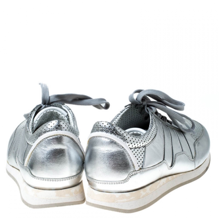 Pre Owned Dolce & Gabbana Metallic Silver Leather Lace Up Sneakers Size 36.5