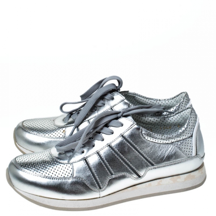 Pre Owned Dolce & Gabbana Metallic Silver Leather Lace Up Sneakers Size 36.5