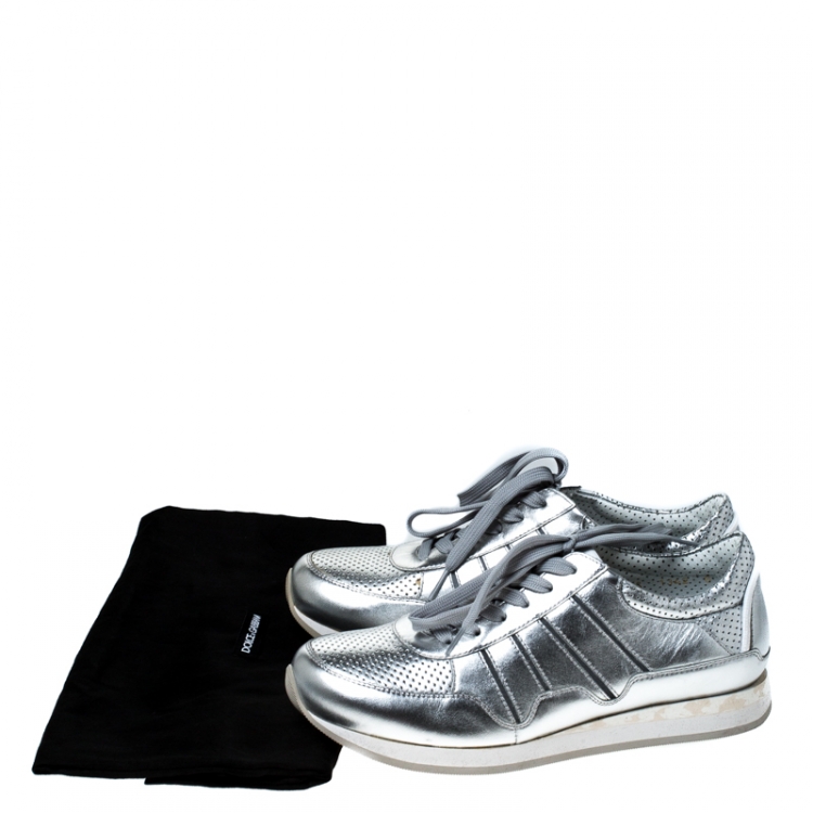 Pre Owned Dolce & Gabbana Metallic Silver Leather Lace Up Sneakers Size 36.5