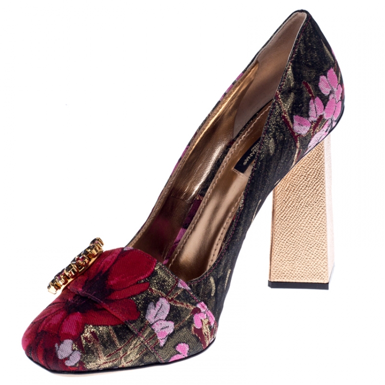 Pre Owned Dolce and Gabbana Multicolor Floral Brocade Fabric Embellished Block Heel Pumps Size 41