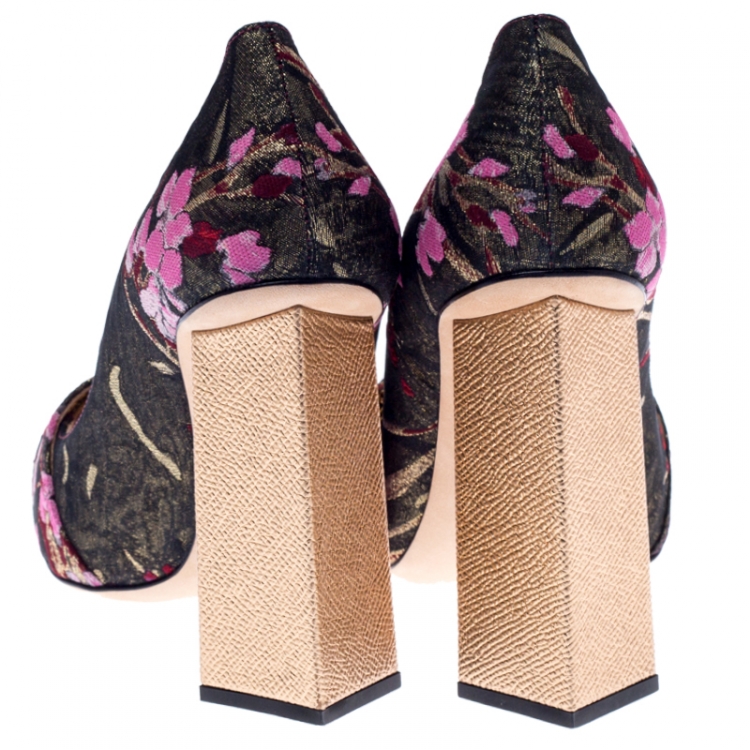 Pre Owned Dolce and Gabbana Multicolor Floral Brocade Fabric Embellished Block Heel Pumps Size 41