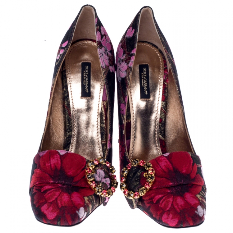 Pre Owned Dolce and Gabbana Multicolor Floral Brocade Fabric Embellished Block Heel Pumps Size 41