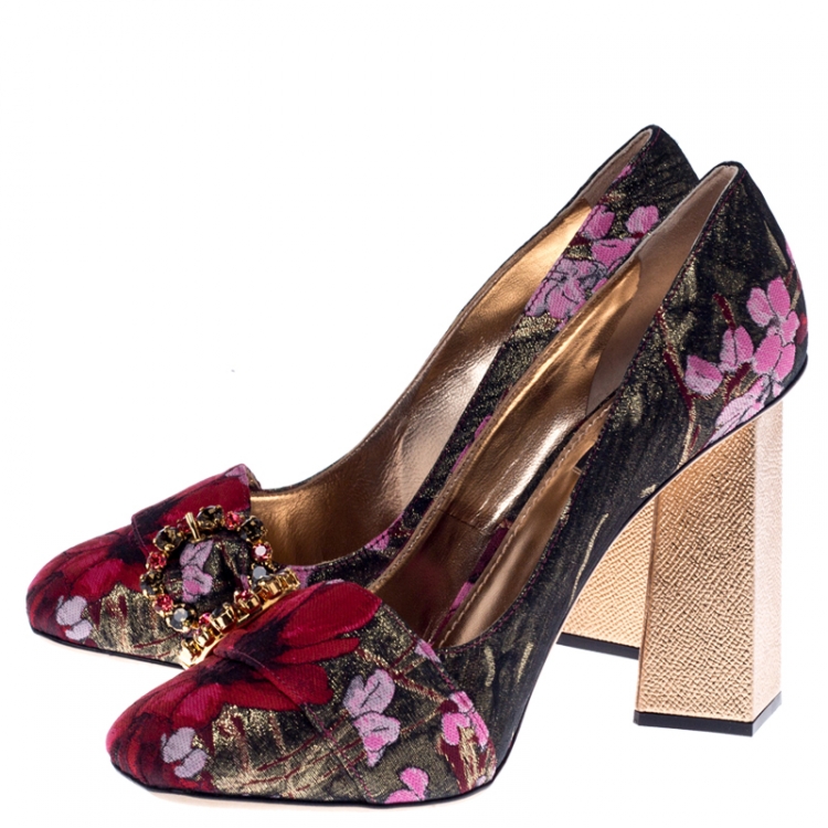 Pre Owned Dolce and Gabbana Multicolor Floral Brocade Fabric Embellished Block Heel Pumps Size 41