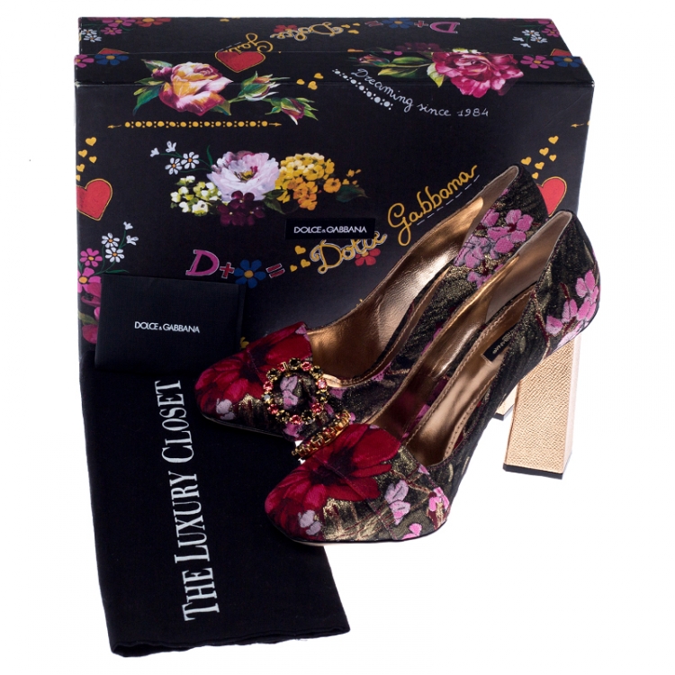 Pre Owned Dolce and Gabbana Multicolor Floral Brocade Fabric Embellished Block Heel Pumps Size 41