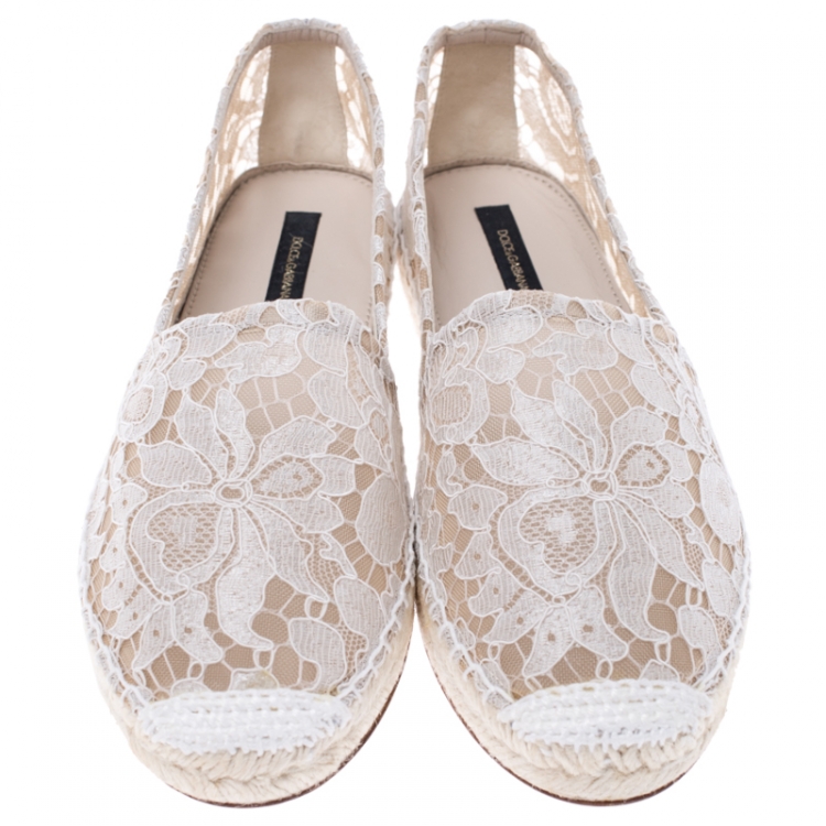 Pre Owned  Dolce&Gabbana White Floral Lace Espadrille Flats Size 39