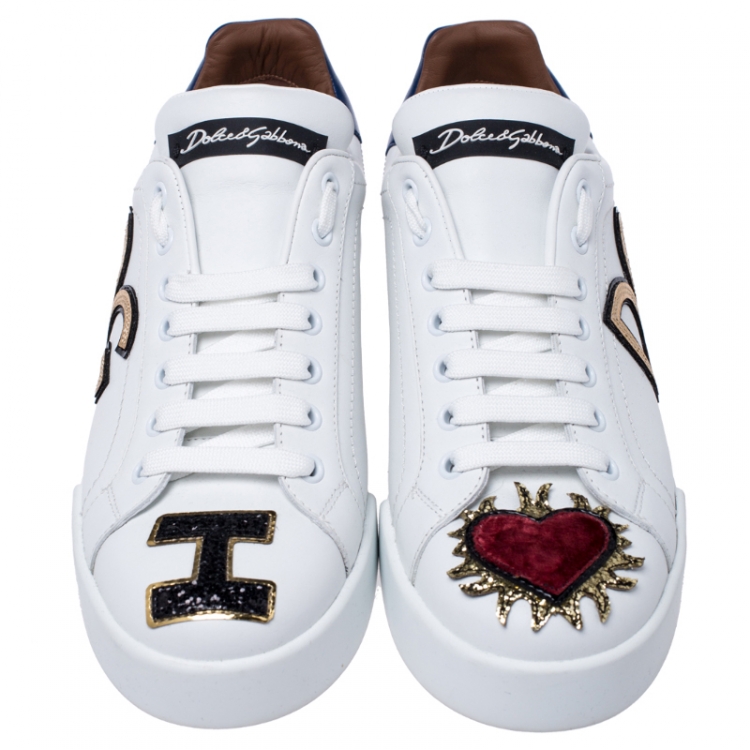 مملوكة مسبقًا Dolce & Gabbana White Leather Portofino Sacred Heart Lace Up Sneakers Size 39.5