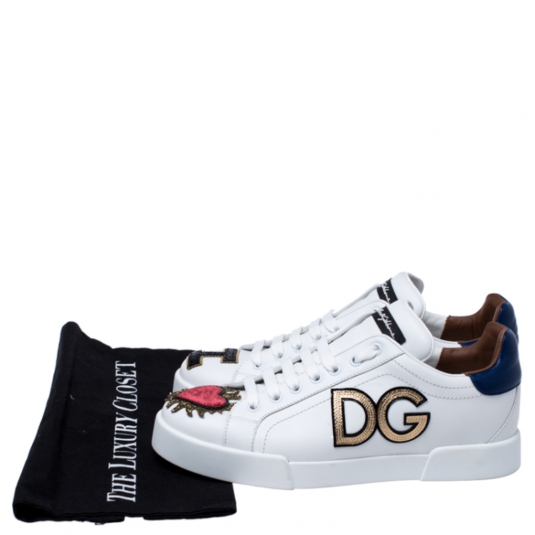 مملوكة مسبقًا Dolce & Gabbana White Leather Portofino Sacred Heart Lace Up Sneakers Size 39.5