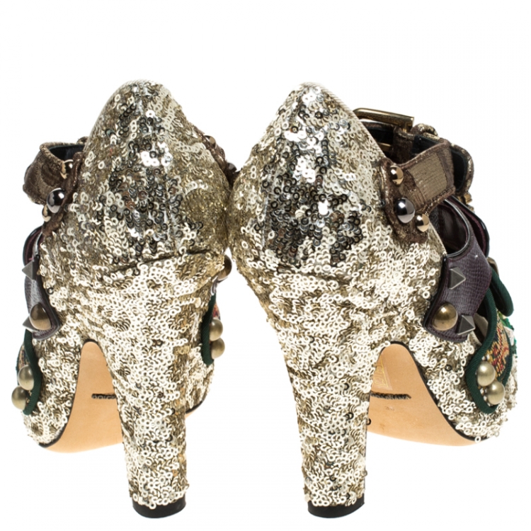 Pre Owned Dolce & Gabbana Multicolor Mixed Media Crystal Embellished Mary Jane Pumps Size 37.5