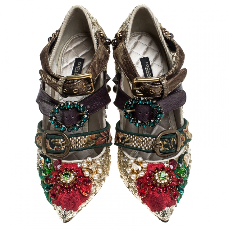 Pre Owned Dolce & Gabbana Multicolor Mixed Media Crystal Embellished Mary Jane Pumps Size 37.5