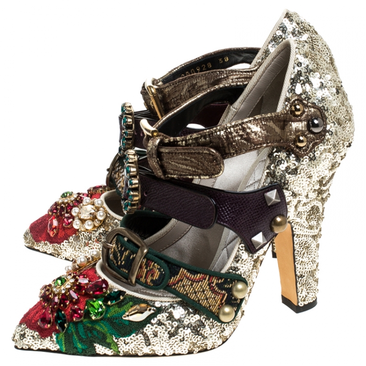 Pre Owned Dolce & Gabbana Multicolor Mixed Media Crystal Embellished Mary Jane Pumps Size 37.5