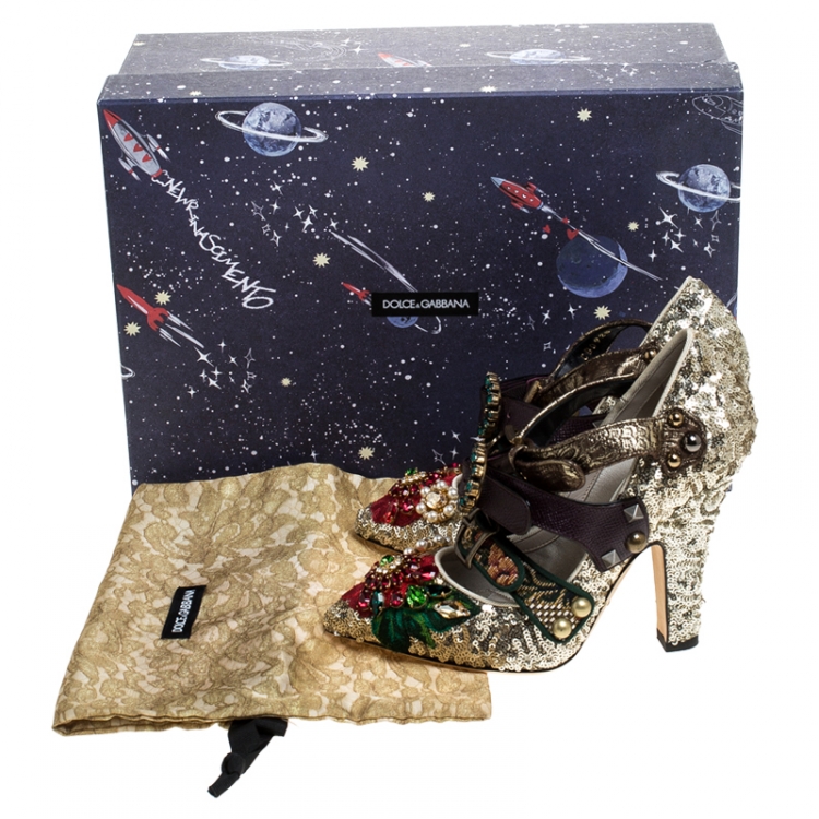 Pre Owned Dolce & Gabbana Multicolor Mixed Media Crystal Embellished Mary Jane Pumps Size 37.5