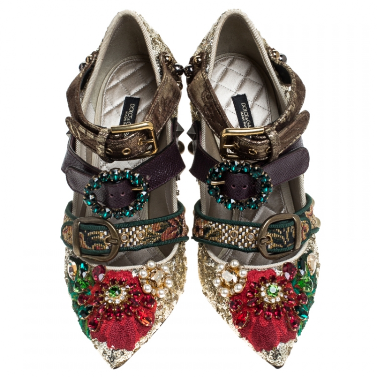 Pre Owned Dolce & Gabbana Multicolor Mixed Media Crystal Embellished Mary Jane Pumps Size 36