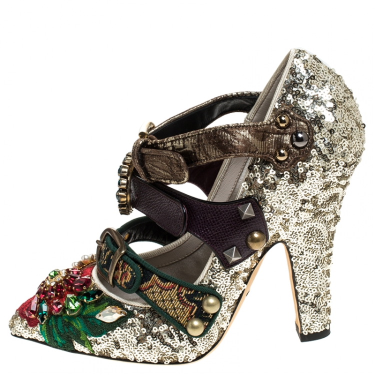 Pre Owned Dolce & Gabbana Multicolor Mixed Media Crystal Embellished Mary Jane Pumps Size 36
