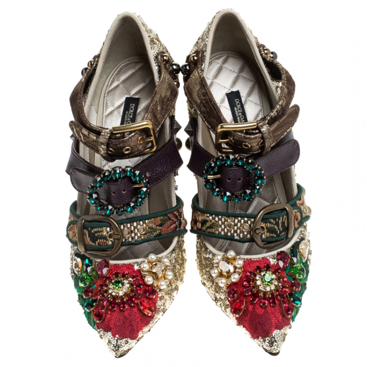 Pre Owned Dolce & Gabbana Multicolor Mixed Media Crystal Embellished Mary Jane Pumps Size 38