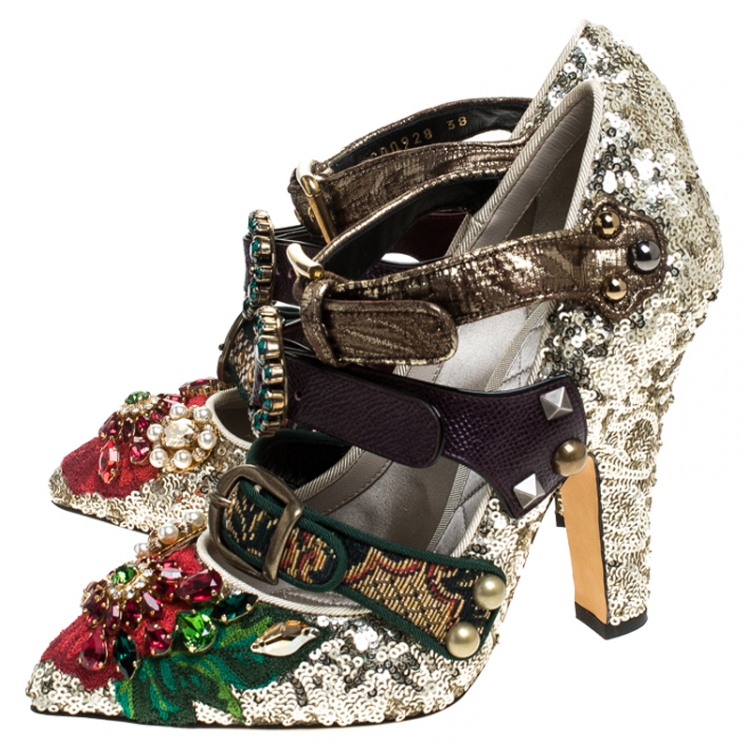 Pre Owned Dolce & Gabbana Multicolor Mixed Media Crystal Embellished Mary Jane Pumps Size 38