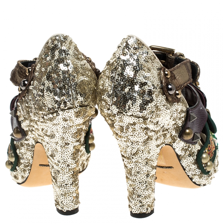 Pre Owned Dolce & Gabbana Multicolor Mixed Media Crystal Embellished Mary Jane Pumps Size 38