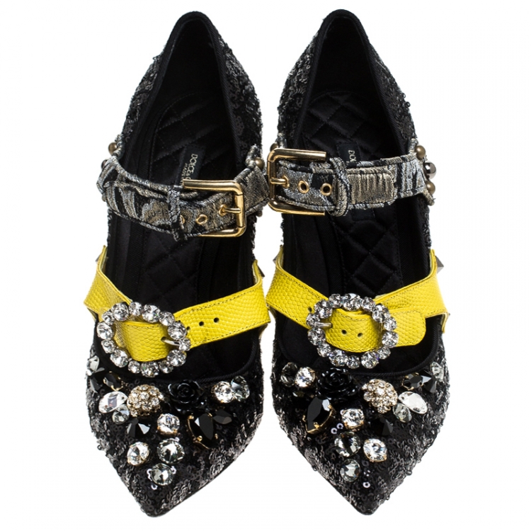 Pre Owned Dolce & Gabbana Black Mixed Media Crystal Embellished Mary Jane Pumps Size 40 