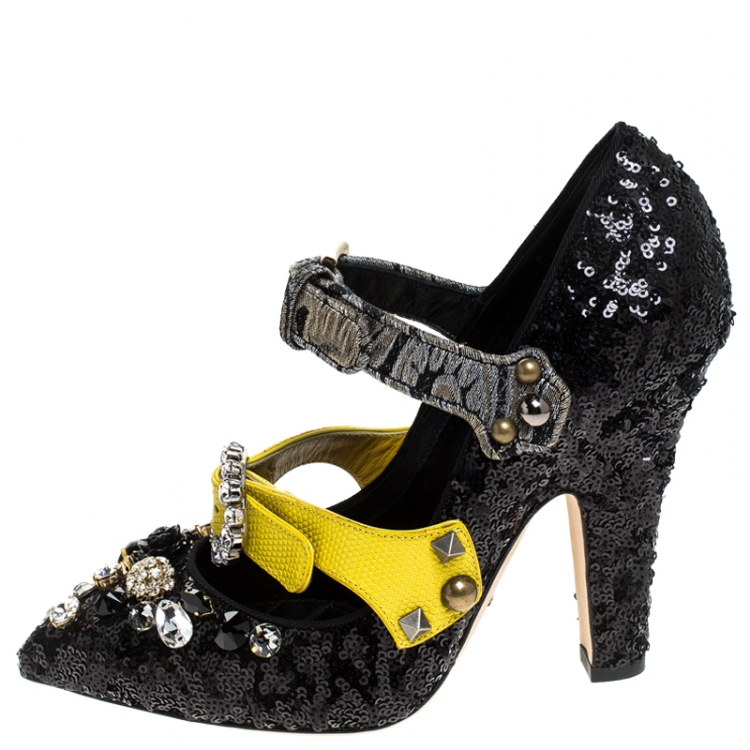 Pre Owned Dolce & Gabbana Black Mixed Media Crystal Embellished Mary Jane Pumps Size 40 