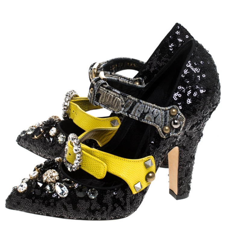 Pre Owned Dolce & Gabbana Black Mixed Media Crystal Embellished Mary Jane Pumps Size 40 