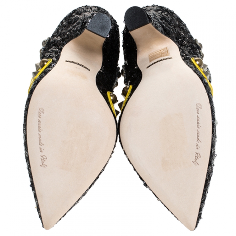 Pre Owned Dolce & Gabbana Black Mixed Media Crystal Embellished Mary Jane Pumps Size 40 