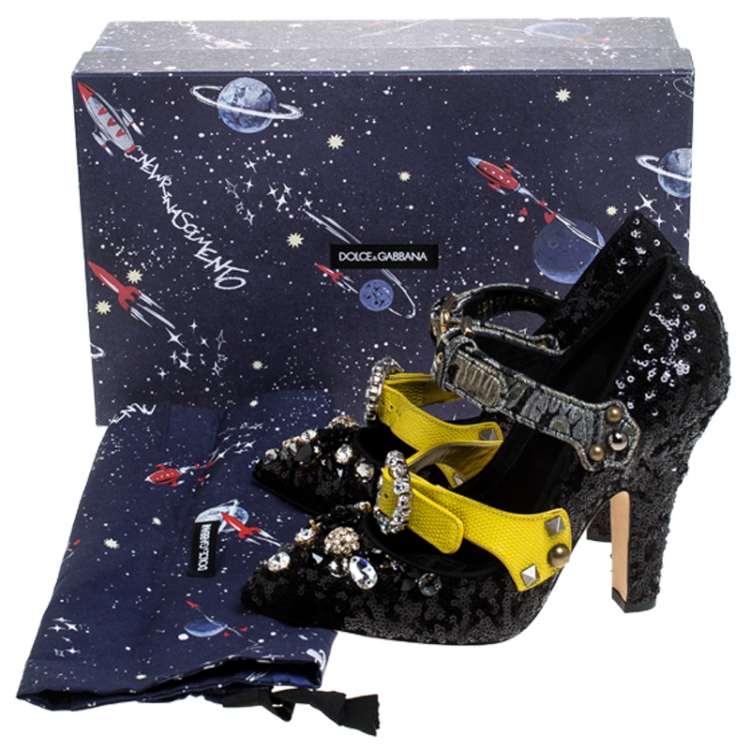 Pre Owned Dolce & Gabbana Black Mixed Media Crystal Embellished Mary Jane Pumps Size 40 