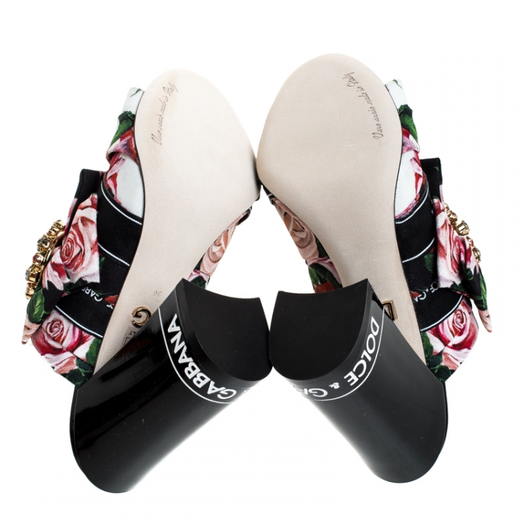 Pre Owned Dolce and Gabbana Multicolor Floral Printed Fabric Crystal Embellished Bow Open Toe Mules Size 36