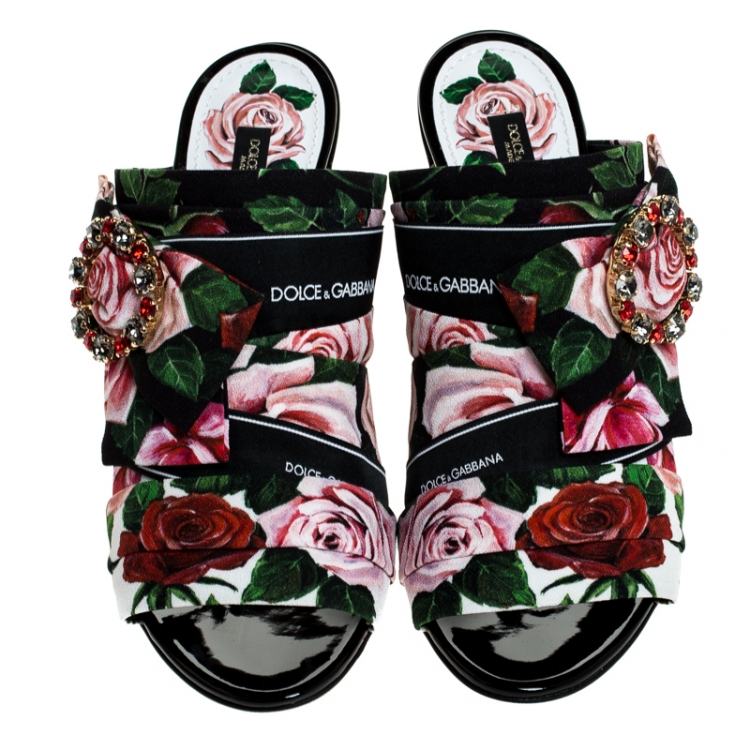 Pre Owned Dolce and Gabbana Multicolor Floral Printed Fabric Crystal Embellished Bow Open Toe Mules Size 36