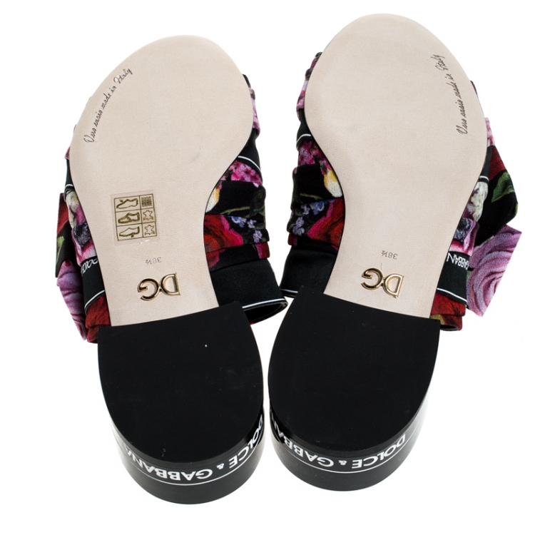 Pre Owned Dolce and Gabbana Multicolor Floral Printed Fabric Crystal Embellished Bow Open Toe Flat Mules Size 38.5