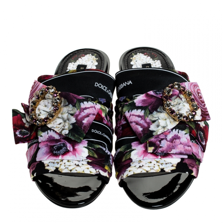 Pre Owned Dolce and Gabbana Multicolor Floral Printed Fabric Crystal Embellished Bow Open Toe Flat Mules Size 38.5