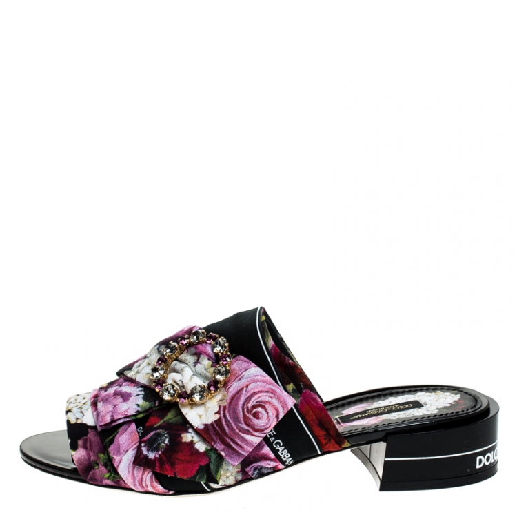 Pre Owned Dolce and Gabbana Multicolor Floral Printed Fabric Crystal Embellished Bow Open Toe Flat Mules Size 38.5