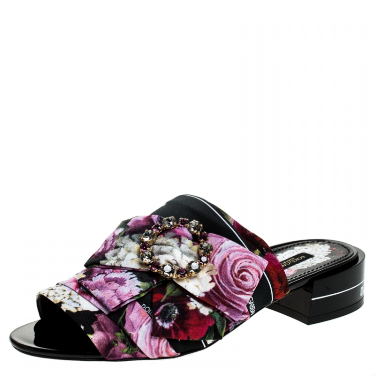 Pre Owned Dolce and Gabbana Multicolor Floral Printed Fabric Crystal Embellished Bow Open Toe Flat Mules Size 38.5