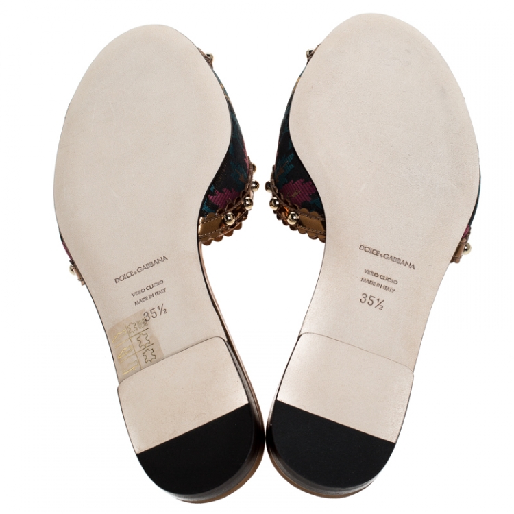 Pre Owned Dolce and Gabbana Multicolor Floral Brocade Fabric And Patent Leather Trim Faux Pearl Embellished Flat Slides Size 35.5