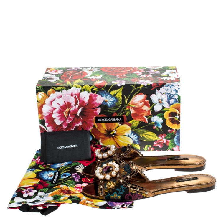 Pre Owned Dolce and Gabbana Multicolor Floral Brocade Fabric And Patent Leather Trim Faux Pearl Embellished Flat Slides Size 38
