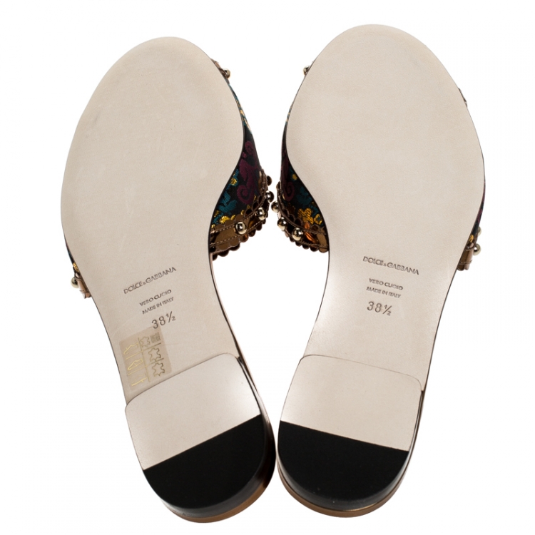 Pre Owned Dolce and Gabbana Multicolor Floral Brocade Fabric And Patent Leather Trim Faux Pearl Embellished Flat Slides Size 38.5