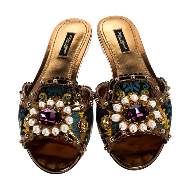 Pre Owned Dolce and Gabbana Multicolor Floral Brocade Fabric And Patent Leather Trim Faux Pearl Embellished Flat Slides Size 38.5