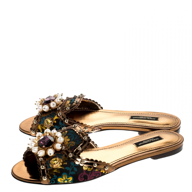Pre Owned Dolce and Gabbana Multicolor Floral Brocade Fabric And Patent Leather Trim Faux Pearl Embellished Flat Slides Size 38.5