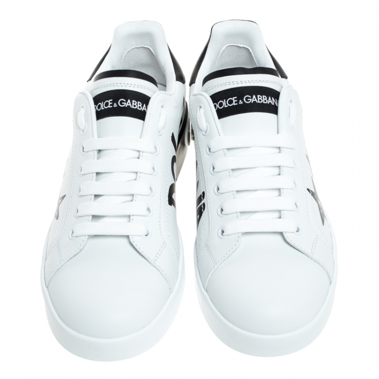 Pre Owned Dolce and Gabbana White/Black Leather Portofino Low Top Sneakers Size 37.5