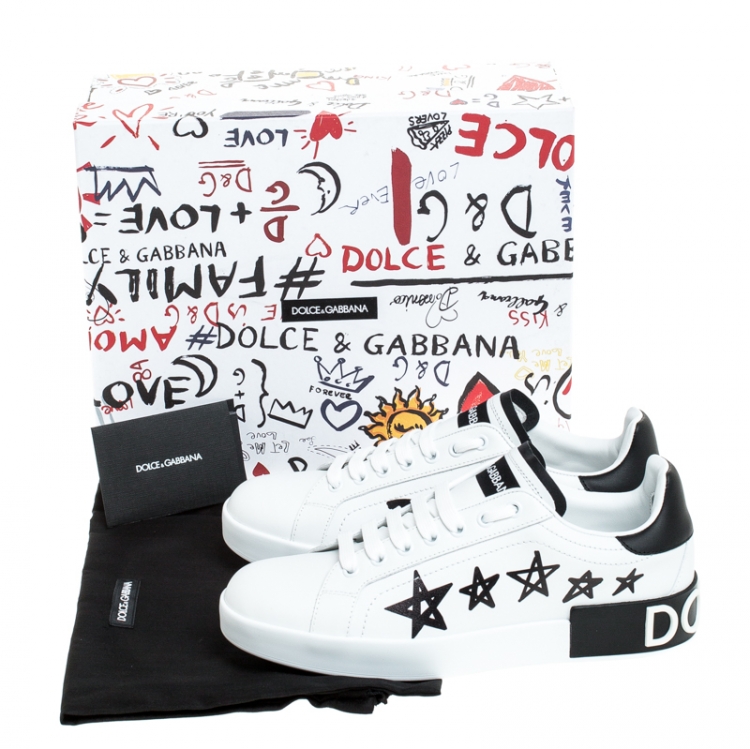 Pre Owned Dolce and Gabbana White/Black Leather Portofino Low Top Sneakers Size 37.5