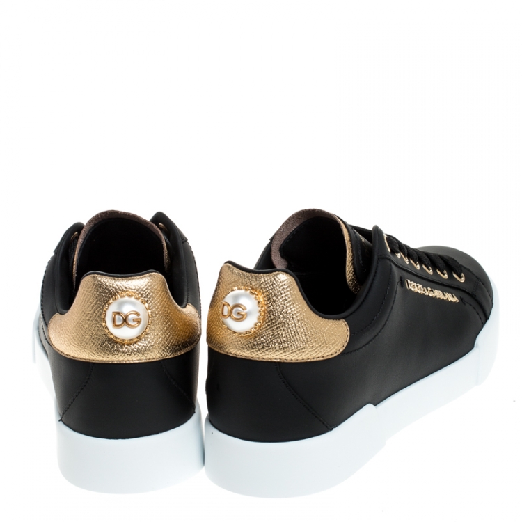 Pre Owned Dolce & Gabbana Black Leather Portofino Pearl Embellished Low Top Sneakers Size 36.5