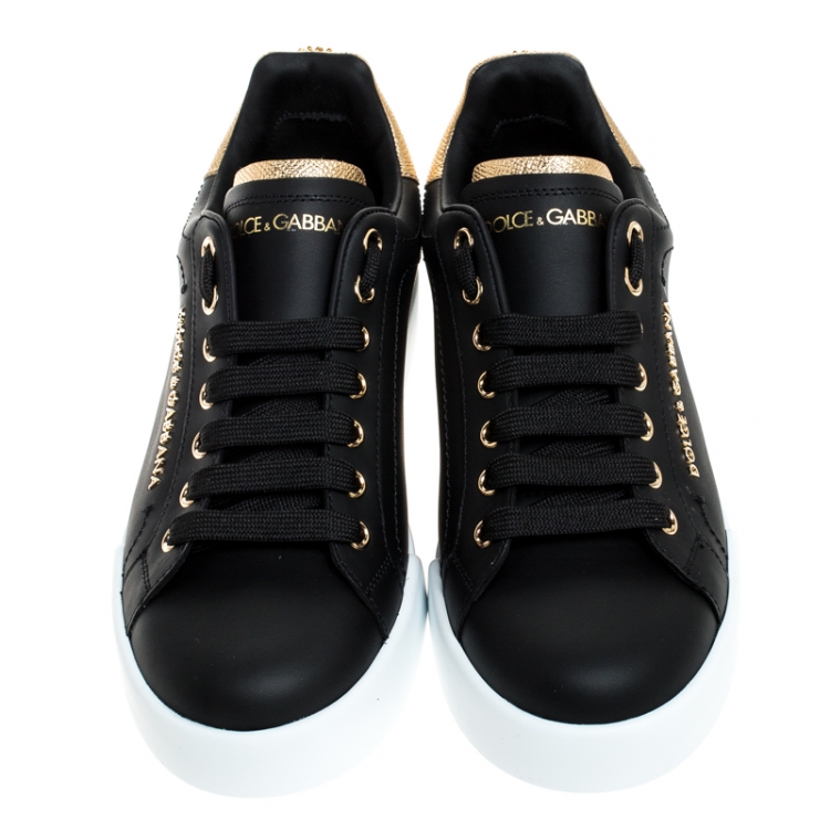 Pre Owned  Dolce & Gabbana Black Leather Portofino Pearl Embellished Low Toe Sneakers Size 40