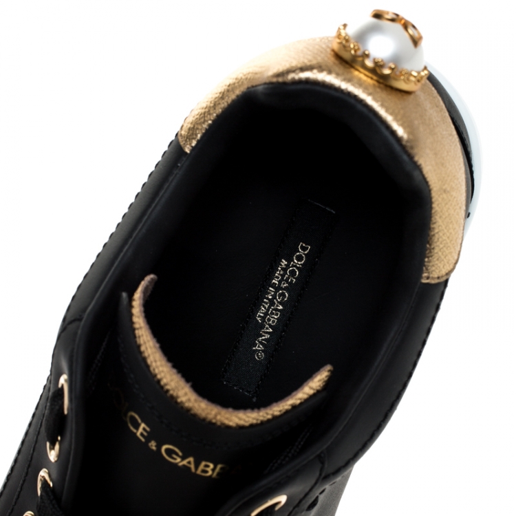 Pre Owned Dolce & Gabbana Black Leather Portofino Pearl Embellished Low Top Sneakers Size 38