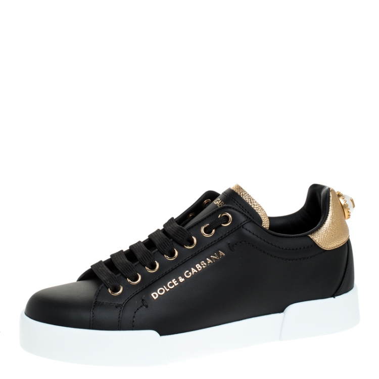 Pre Owned Dolce And Gabbana Black Leather Portofino Pearl Embellished Low Top Sneakers Size 37