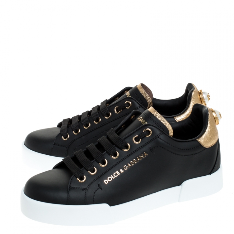 Pre Owned Dolce And Gabbana Black Leather Portofino Pearl Embellished Low Top Sneakers Size 37