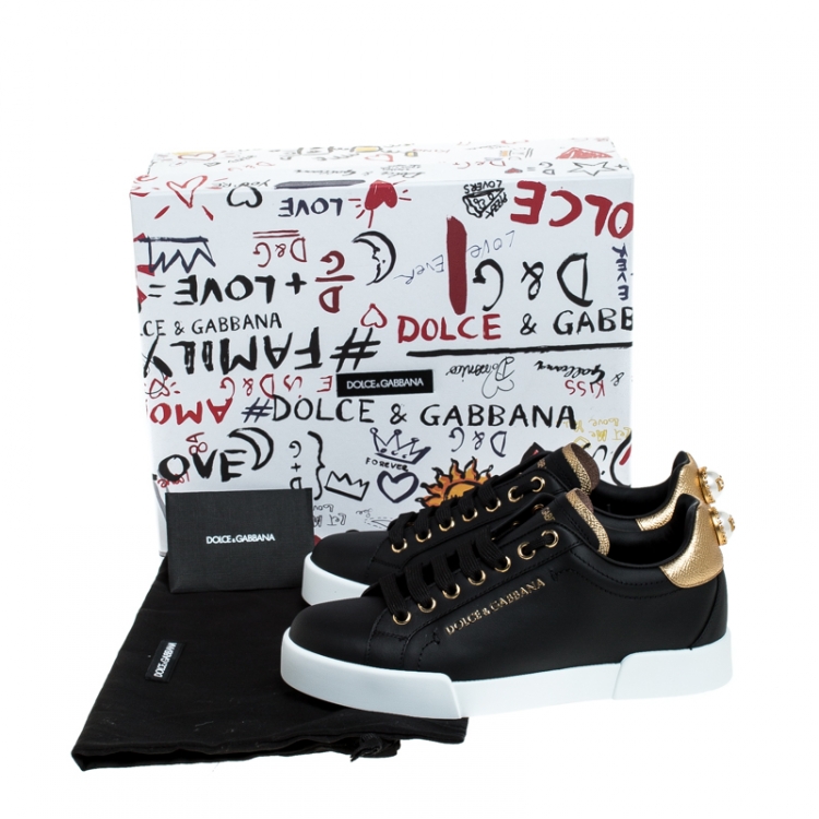 Pre Owned Dolce And Gabbana Black Leather Portofino Pearl Embellished Low Top Sneakers Size 37